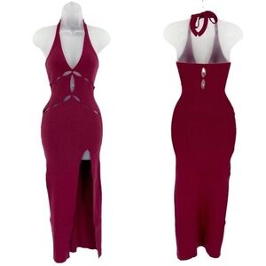 For Love and Lemons ribbed knit halter cut out midi high slit dress Size S NWT
